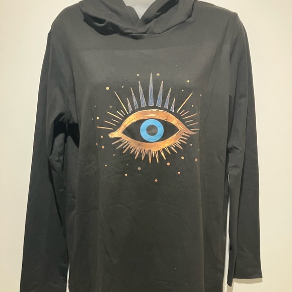 Tops - Ladies NWT  size M.  95pct polyester long sleeve hooded “ EVIL EYE “ shirt